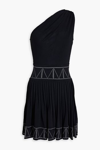 ALAÏA One-shoulder cutout pleated stretch-knit mini dress