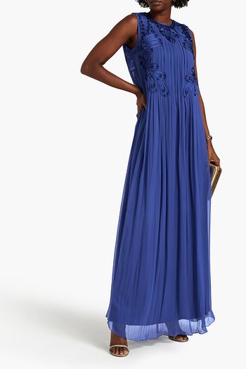 ALBERTA FERRETTI Embroidered pleated silk-georgette gown