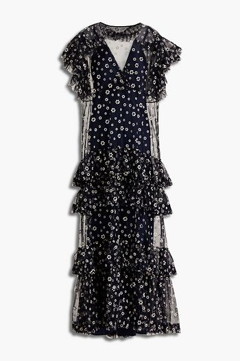 TORY BURCH Gestuftes Maxikleid aus beflocktem Tüll mit Wickeleffekt