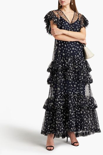 TORY BURCH Gestuftes Maxikleid aus beflocktem Tüll mit Wickeleffekt