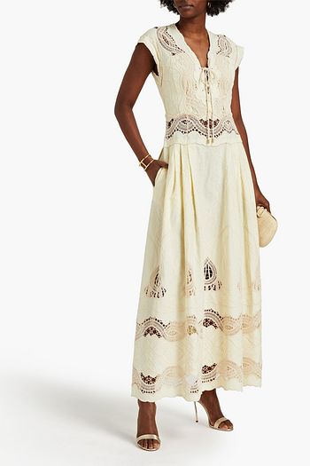 ALBERTA FERRETTI Crochet-trimmed pleated cotton maxi dress