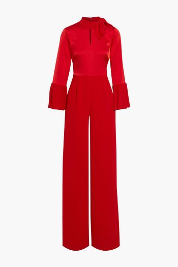 MIKAEL AGHAL Pussy-bow satin-paneled crepe wide-leg jumpsuit