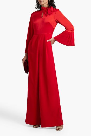 MIKAEL AGHAL Pussy-bow satin-paneled crepe wide-leg jumpsuit