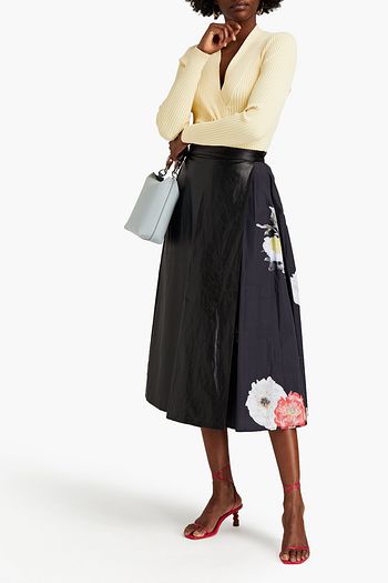 REJINA PYO Belma faux leather and floral-print cotton-poplin midi skirt