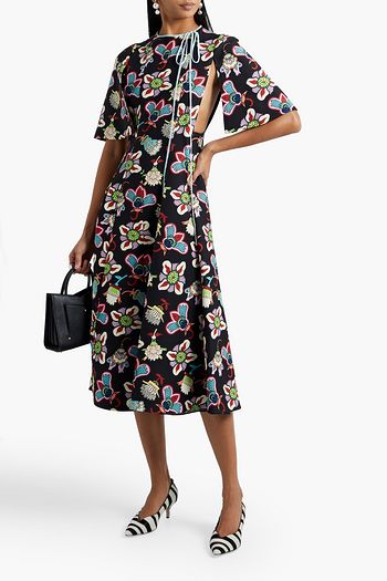 VALENTINO Cutout printed wool and silk-blend crepe midi dress
