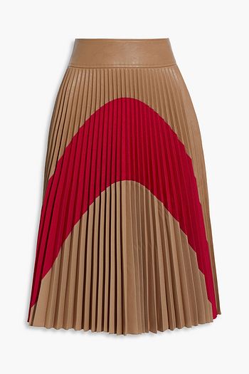 STELLA MCCARTNEY Pleated two-tone faux leather and satin-twill midi skirt