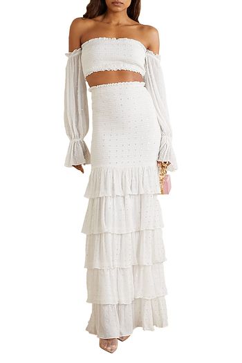 RETROFÊTE Paige cropped embellished shirred silk-crepon top