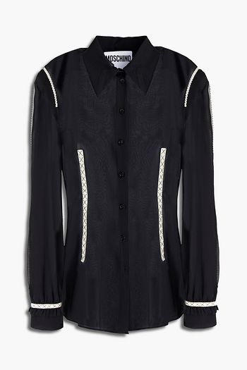 MOSCHINO Grosgrain-trimmed embroidered silk-georgette shirt
