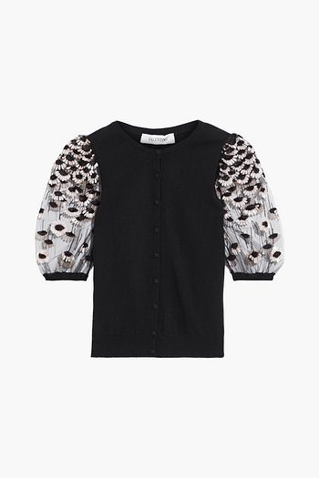 VALENTINO Floral appliquéd tulle-paneled wool and cashmere-blend top