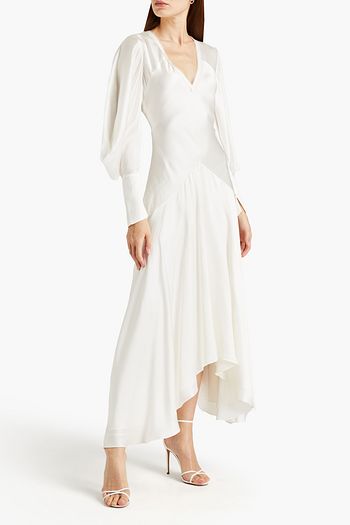 ROKSANDA ギャザー入り ハンマードシルクサテン ミディワンピース
