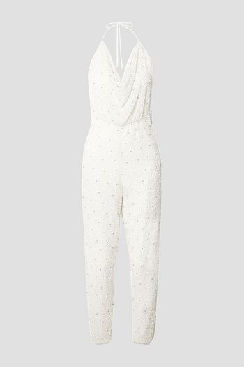 RETROFÊTE Embellished sequined tulle halterneck jumpsuit