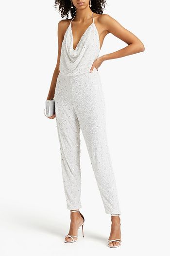 RETROFÊTE Embellished sequined tulle halterneck jumpsuit