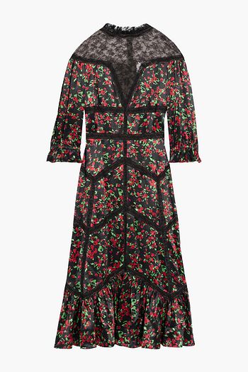 VALENTINO Chantilly lace-paneled floral-print hammered-satin midi dress