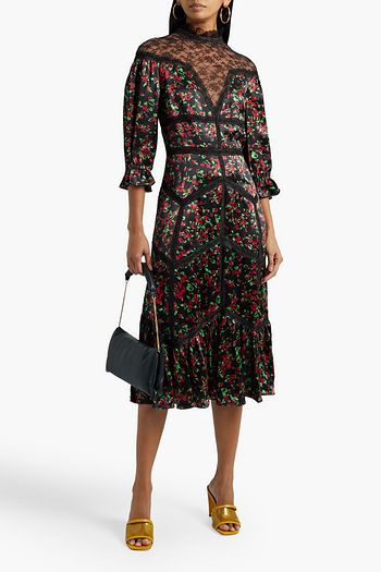 VALENTINO Chantilly lace-paneled floral-print hammered-satin midi dress