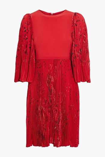 VALENTINO Paneled printed plissé silk crepe de chine dress