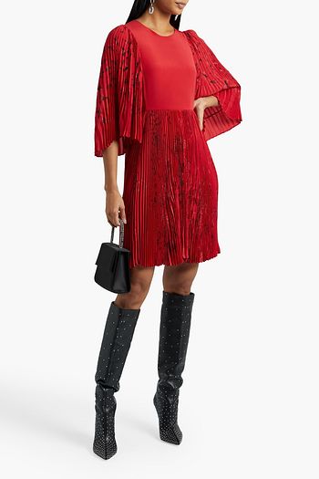 VALENTINO Paneled printed plissé silk crepe de chine dress