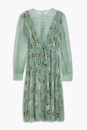 VALENTINO Lace-paneled pleated floral-print silk-chiffon dress