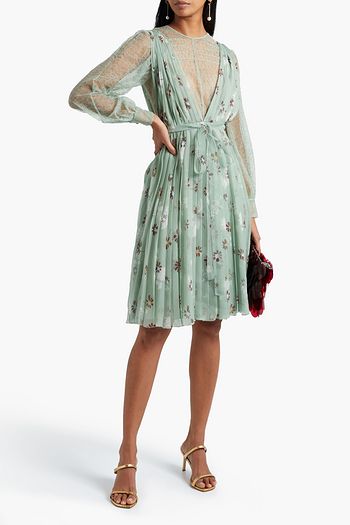 VALENTINO Lace-paneled pleated floral-print silk-chiffon dress