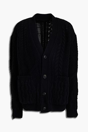 AMIRI Distressed cable-knit wool and cashmere-blend cardigan