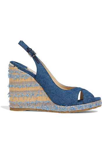 JIMMY CHOO Amely 105 cutout denim wedge slingback sandals
