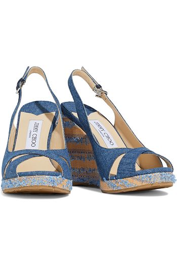 JIMMY CHOO Amely 105 cutout denim wedge slingback sandals
