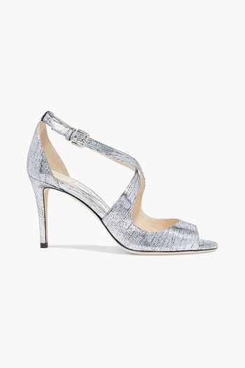 JIMMY CHOO Emily 85 metallic printed leather sandals