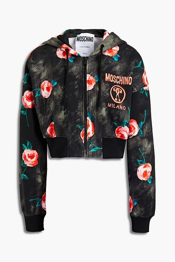 MOSCHINO Cropped printed French cotton-terry hoodie
