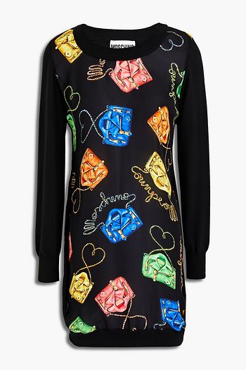 MOSCHINO Printed silk crepe de chine-paneled cotton mini dress