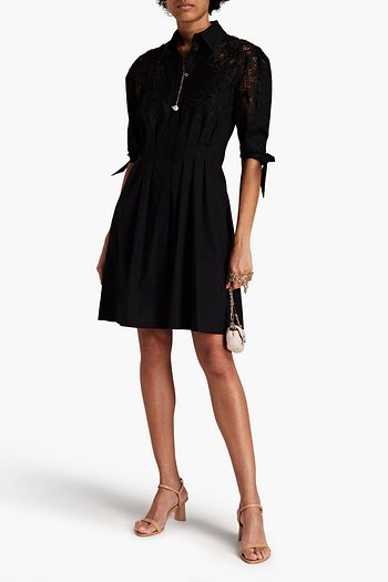 ALBERTA FERRETTI Macramé lace-paneled cotton-blend poplin mini shirt dress