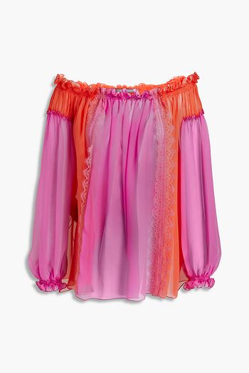 ALBERTA FERRETTI Off-the-shoulder gathered two-tone silk-chiffon blouse