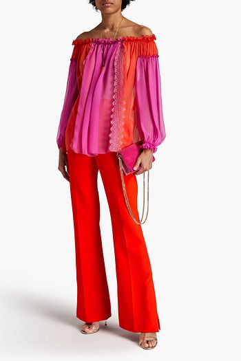 ALBERTA FERRETTI Off-the-shoulder gathered two-tone silk-chiffon blouse