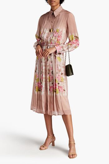ALBERTA FERRETTI Pleated floral-print silk-voile midi shirt dress