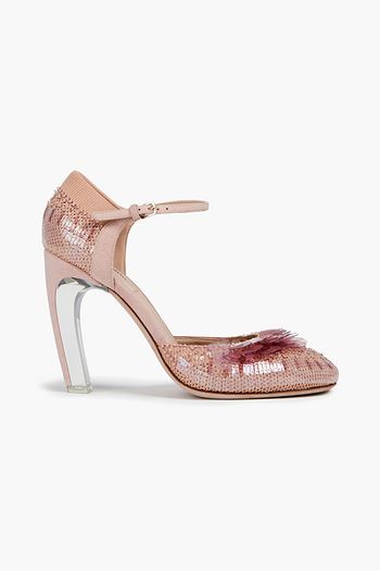 VALENTINO GARAVANI Verzierte Pumps aus Mesh und Veloursleder