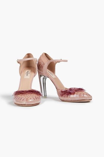 VALENTINO GARAVANI Verzierte Pumps aus Mesh und Veloursleder