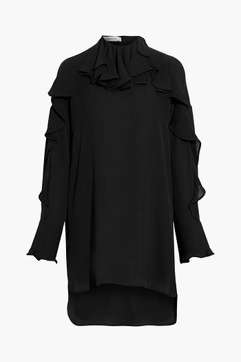 VALENTINO Asymmetric bow-embellished ruffled silk-crepe blouse