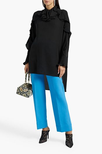 VALENTINO Asymmetric bow-embellished ruffled silk-crepe blouse