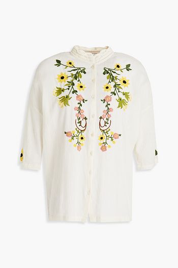ANTIK BATIK Marine embroidered crinkled cotton-gauze blouse