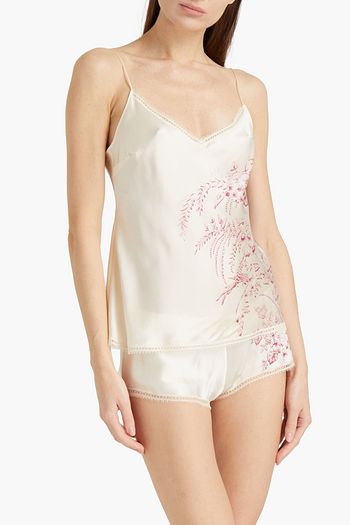 CARINE GILSON Lace-trimmed floral-print stretch-silk satin mid-rise briefs