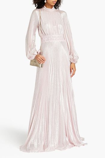 GIAMBATTISTA VALLI Lace-trimmed pleated metallic silk-blend gown