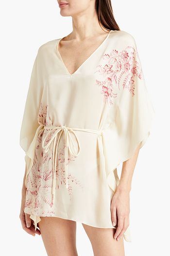 CARINE GILSON Belted satin-trimmed floral-print silk pajama top