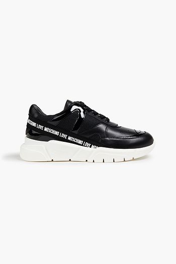LOVE MOSCHINO Grosgrain-trimmed logo-print leather and mesh sneakers