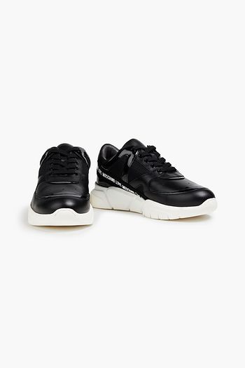 LOVE MOSCHINO Grosgrain-trimmed logo-print leather and mesh sneakers