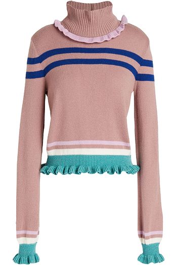 VALENTINO Ruffle-trimmed striped wool and cashmere-blend turtleneck sweater