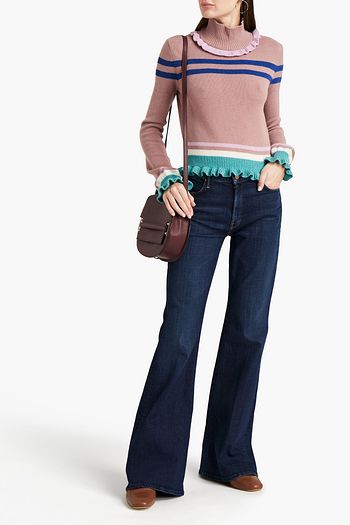 VALENTINO Ruffle-trimmed striped wool and cashmere-blend turtleneck sweater