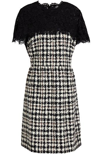 VALENTINO Lace-trimmed wool-blend bouclé-tweed mini dress