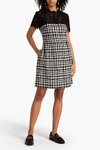 VALENTINO Lace-trimmed wool-blend bouclé-tweed mini dress