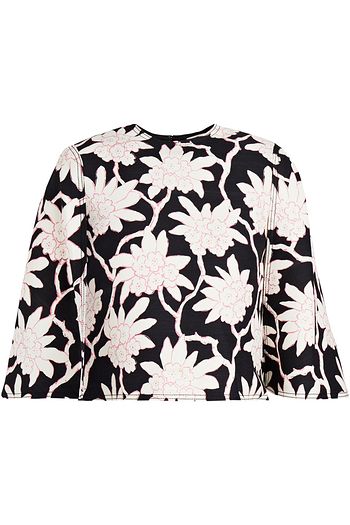 VALENTINO Cape-effect floral-print wool and silk-blend crepe top