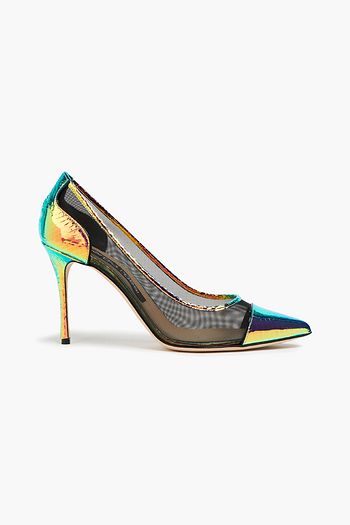 SERGIO ROSSI Mesh and holographic snake-effect leather pumps