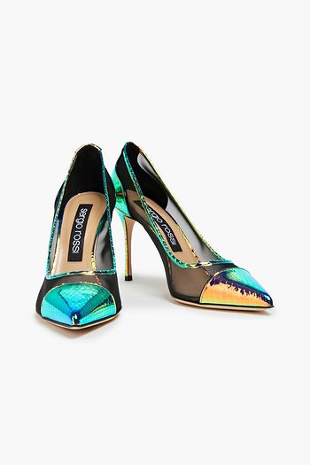 SERGIO ROSSI Mesh and holographic snake-effect leather pumps