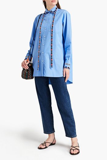 VALENTINO Tie-neck embellished cotton-poplin shirt